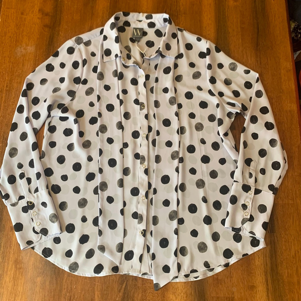 Worthington NWOT Blouse Large Cream with Black Polka Dots Button down LongSleeve